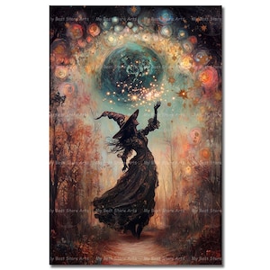 Witch Casting Spell Art Print - Witchy Gothic Picture, Folklore Wall Decor, Dark Academia Fantasy Poster, Sorceress Woman, Spooky Moody