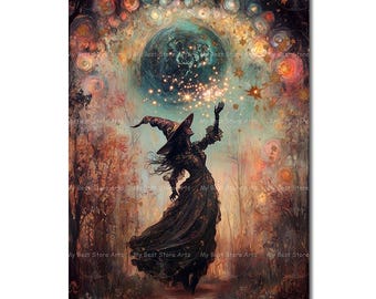 Witch Casting Spell Art Print - Witchy Gothic Picture, Folklore Wall Decor, Dark Academia Fantasy Poster, Sorceress Woman, Spooky Moody