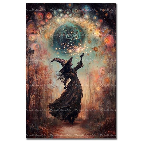 Witch Casting Spell Art Print - Witchy Gothic Picture, Folklore Wall Decor, Dark Academia Fantasy Poster, Sorceress Woman, Spooky Moody