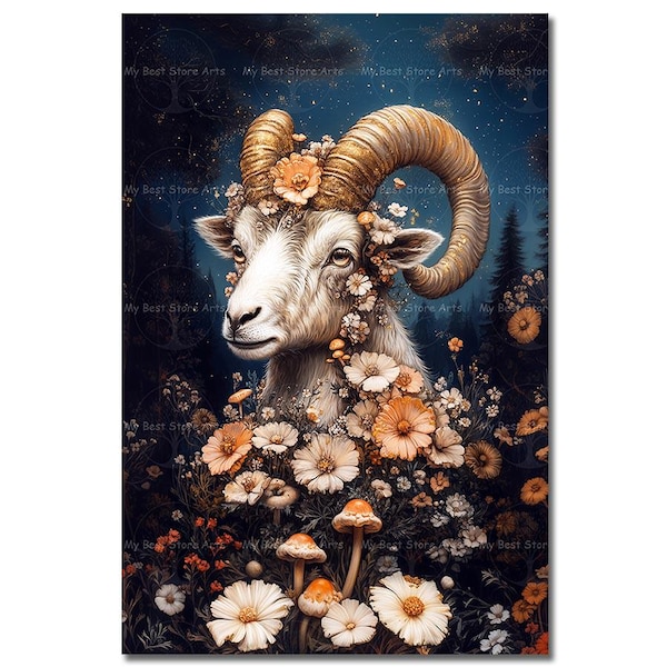 Flower Ram Art Print - Fantasy Animal Poster, Cottagecore Home Decor, Moody Botanical, Whimsical Woodland Themed Art