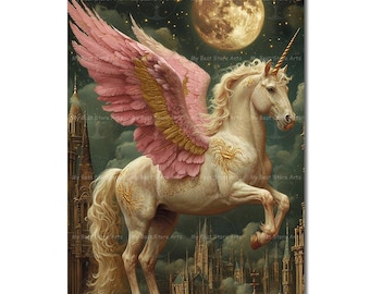 Lunar Pegasus Art Print - Fantasy Unicorn Wall Decor, Folklore Fairytale Horse Picture, Gothic Whimsical, Cottagecore Poster