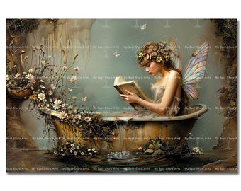 Cute Fairy in Bathtub Art Print - Cottagecore Fantasy Wall Decor, Moody Gothic Picture, Whimsical Garden Poster, Fairytale Bathroom Art