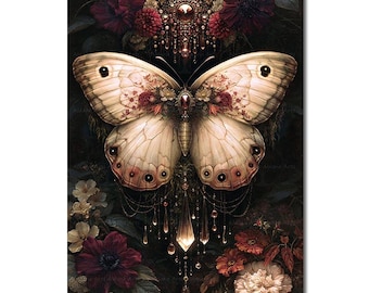 Gothic Butterfly Art Print - Dark Academia Boho Nature Wall Decor, Surreal Whimsical Flora Poster, Romantic Fantasy Picture