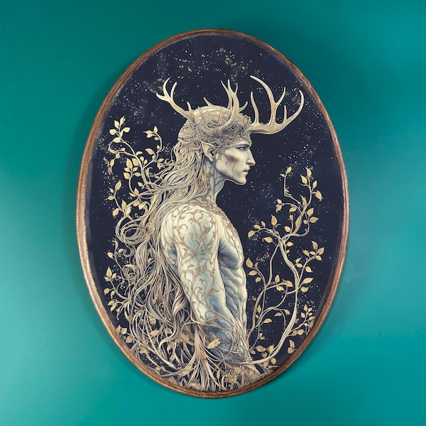 Cernunnos Wooden Decor- Vintage Style Wood Plaque, Pagan Celtic Wildlife Altar Wall Art, Mystical Nature Esoteric Decor, Moody Gothic Art