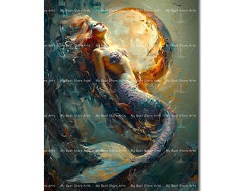 Surreal Moon Mermaid Art Print - Fantasy Wall Decor, Siren Poster, Concept Art Picture, Gothic Fairycore, Cute Moody