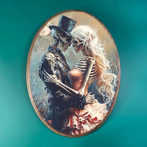 Eternal Love Wooden Decor- Fantasy Gothic Vintage Style Wood Plaque, Dark Academia Romance Wall Decor, Victorian Skeletons Oval Art