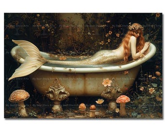 Mermaid in Bathtub Art Print - Cottagecore Fantasy Wall Decor, Moody Botanical Siren Poster, Gothic Bathroom Picture