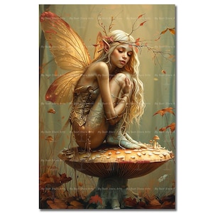 Golden Fairy Art Print - Fantasy Cottagecore Picture, Autumn Fae Poster, Whimsical Pixie Decor, Light Academia Wall Art