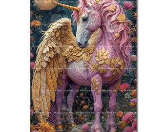 Pink Pegasus Art Print - Fantasy Unicorn Decor, Folklore Fairytale Picture, Whimsical Fairycore, Cottagecore Poster, Magical Horse