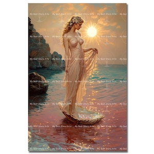Aphrodite Art Print - Greek Goddess Love Beauty, Venus Seashell Gothic Picture, Ocean Wall Decor, Celestial Poster, Myth Esoteric