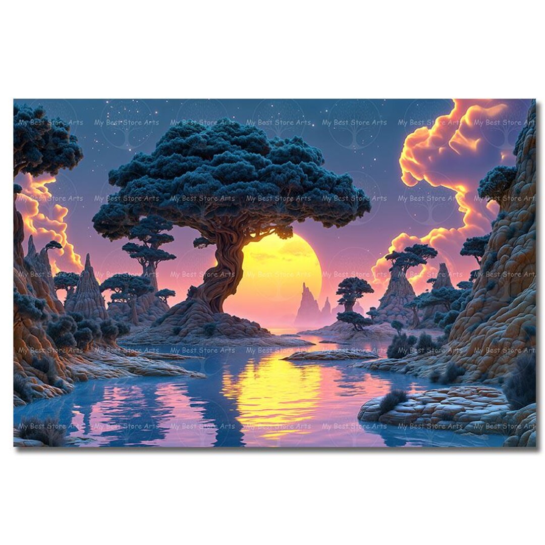 Cosmic Trees Art Print - Surreal Fantasy Landscape Wall Decor, Ethereal ...