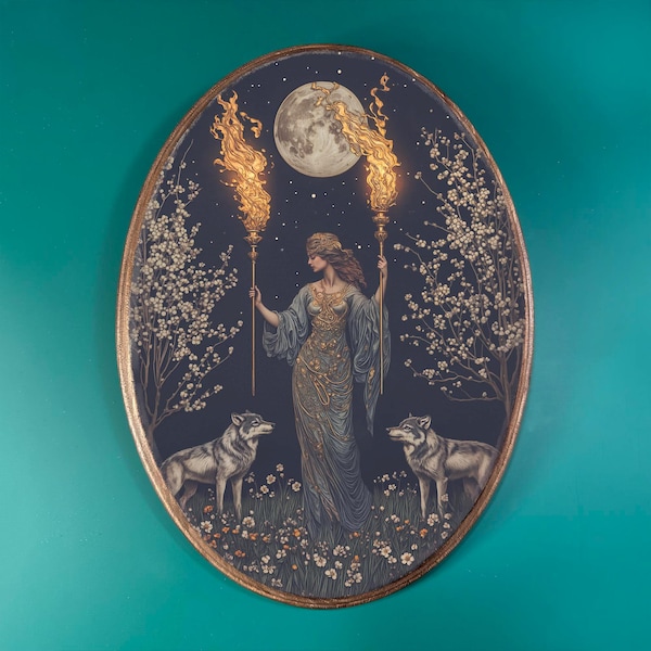 Hecate Wooden Decor- Vintage Style Wood Plaque, Pagan Altar Wall Decor, Witchy Mystical Goddess Oval Art