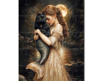 Lady and Mermaid Cat Art Print - Mystical Gothic Cat Poster, Cute Moody Fantasy Decor, Witchy Fairytale Animal Picture, Cat Lover Gift
