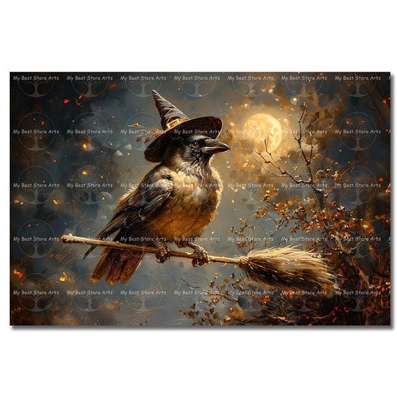 Witch Crow on Broom Art Print - Witchy Bird Artwork, Goblincore