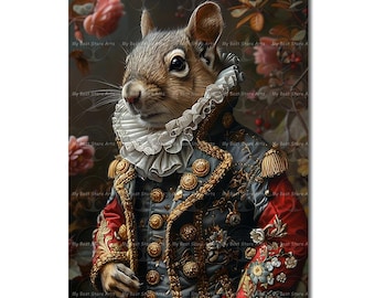 Royal Squirrel Art Print - Fantasy Poster, Gothic Wall Decor, Animal Portrait, Cute Whimsical Wildlife Picture