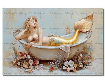 Golden Mermaid in Bathtub Art Print - Fantasy Wall Decor, Vintage-Themed, Siren Poster, Gothic Picture, Celestial Wall Art