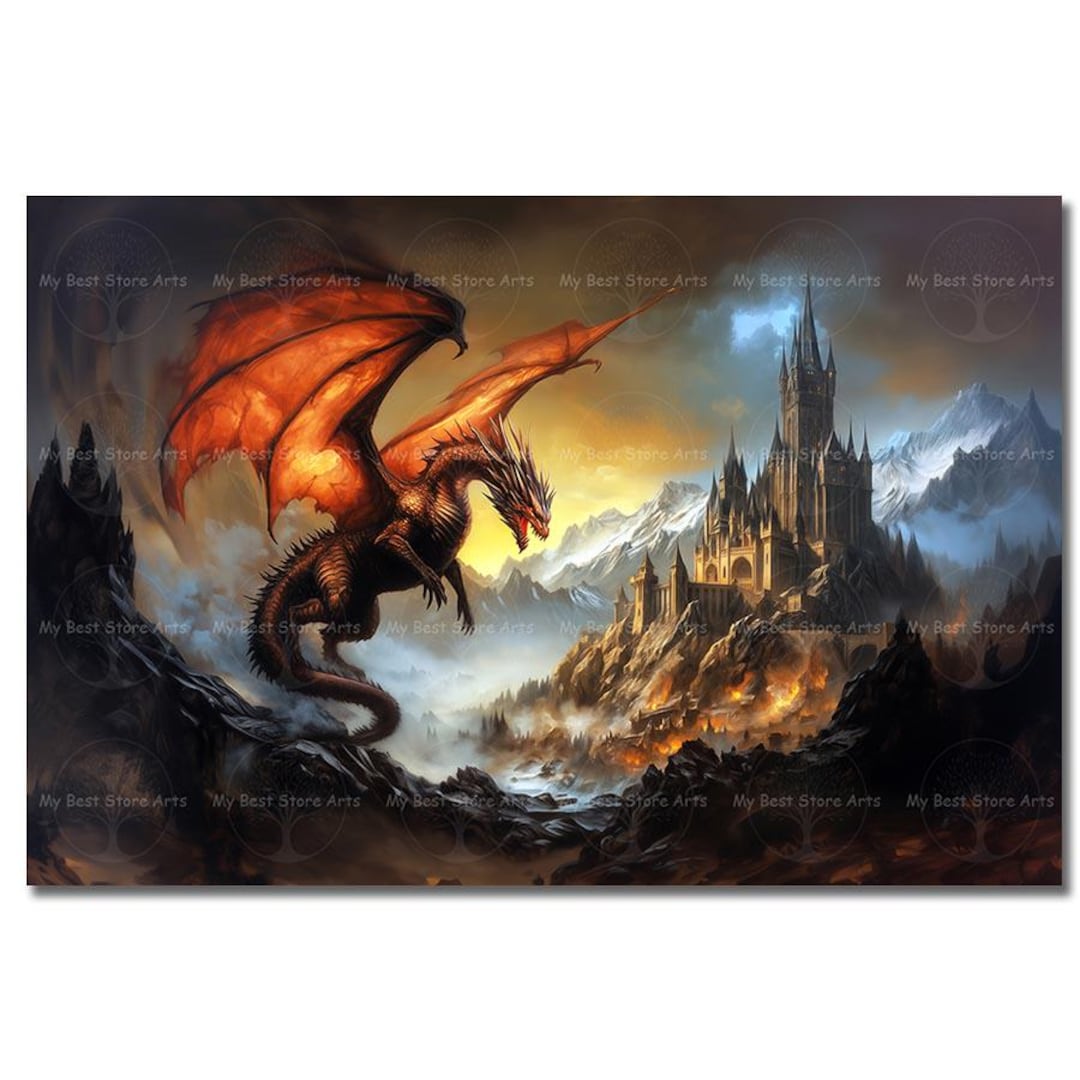 Dragon and Castle Art Print - Fantasy Dragon Decor, Game Room