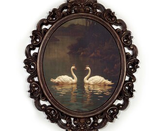 Royal Swans Canvas Decor- Hand-Painted Wooden Frame, Cottagecore Romantic Birds Oval Wall Art, Moody Dark Academia Wall Decor