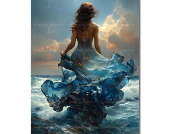 Ocean Aphrodite Art Print - Greek Goddess Wall Decor, Mystical Romantic Picture, Celestial Pagan Poster