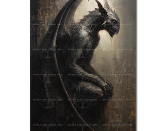 Gothic Gargoyle Art Print - Witchy Spooky Picture, Moody Dark Academia Poster, Fantasy Macabre Wall Decor