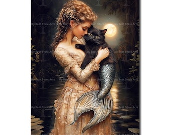 Mermaid Cat and Lady Art Print - Mystical Gothic Cat Poster, Cute Moody Fantasy Decor, Witchy Fairytale Animal Picture, Cat Lover Gift
