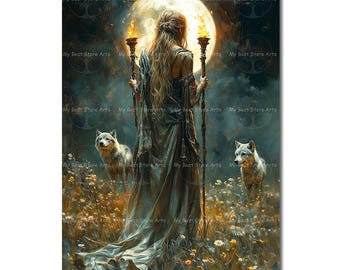 Hecate Art Print - Witchy Cottagecore Picture, Folklore Wolf Dogs Wall Decor, Dark Academia Poster, Witchcraft Goddess, Pagan Decor