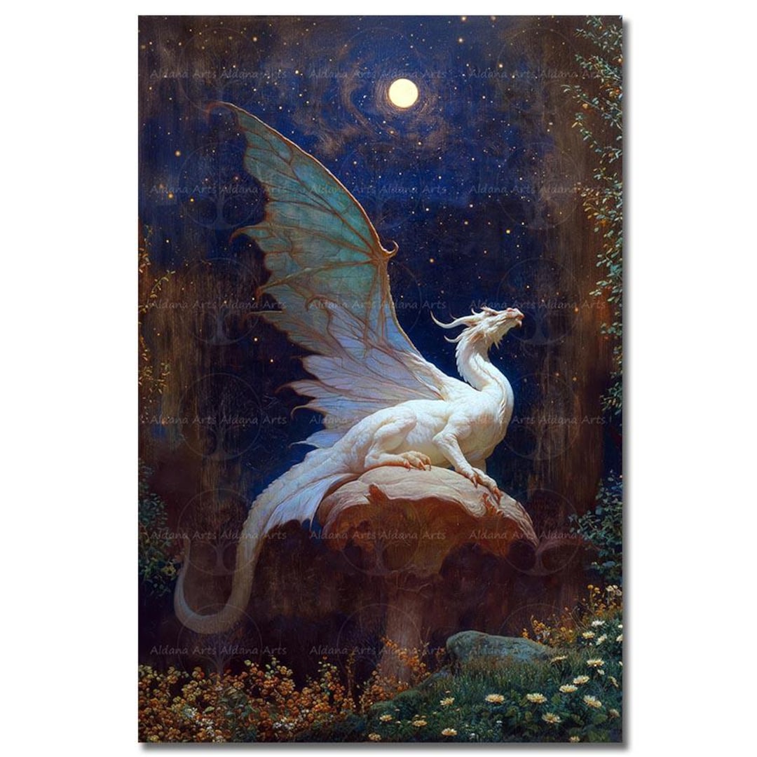 Moon Dragon Art Print - Fantasy Poster, Fairytale Night Wall Decor ...