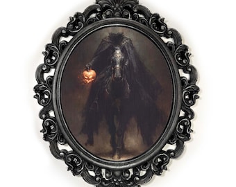 Moody Headless Horseman Canvas Decor- Hand-Painted Wooden Frame, Spooky Dark Academia Wall Art, Witchy Fantasy Halloween Oval Decor