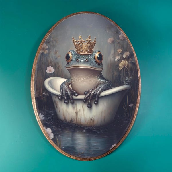 Frog Prince Bathtub Wooden Decor | Whimsical Vintage-Style Plaque | Funny Royal Animal Decor | Gothic Fairytale Bathroom Wood Art