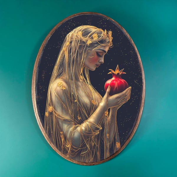 Persephone and Pomegranate Wooden Decor - Vintage Style Wood Plaque, Greek Goddess Altar Wall Decor, Mystical Pagan Oval Art