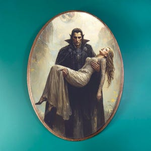 Vampire and Lady Wooden Decor- Fantasy Gothic Vintage Style Wood Plaque, Dark Academia Halloween Wall Decor, Witchy Spooky Vampiric Oval Art