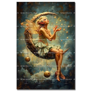 May include: A digital art print of a fairy sitting on a crescent moon. The fairy has blonde hair, a green dress, and gold wings. Golden stars and orbs surround the fairy, set against a blue and gold background. The text "My Best Store Arts" is repeated around the border.