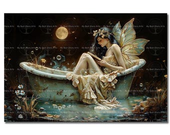 Fairy in Bathtub Art Print - Cottagecore Night, Moody Gothic Picture, Dark Fantasy Poster, Moon Fairycore, Bathroom Wall Decor