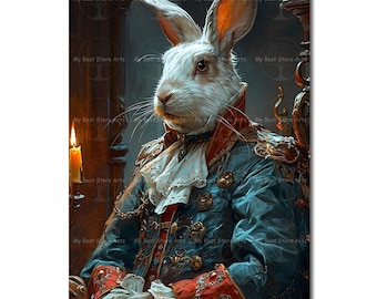 Elegant Rabbit Art Print - Fantasy Wall Decor, Dark Academia Animal Poster, Cute Gothic Picture