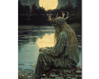 Mystical Cernunnos Luster Art Print - Moody Pagan Altar Poster, Witchy Mystical Esoteric Picture, Gothic Cottagecore Wall Decor