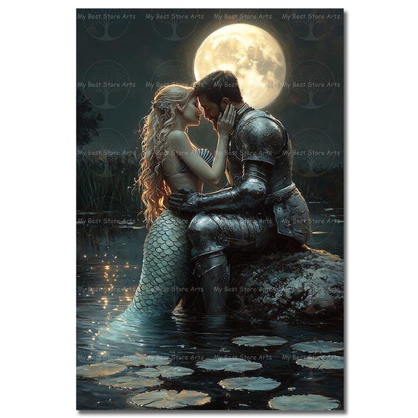 Mermaid and Knight Art Print - Fantasy Wall Decor, Siren Poster, Folklore Picture, Romantic Gothic Fairytale, Mystical Witchy Art
