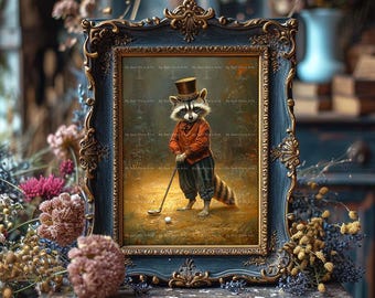 Raccoon Playing Golf Art Print - Sports-themed Fantasy Picture