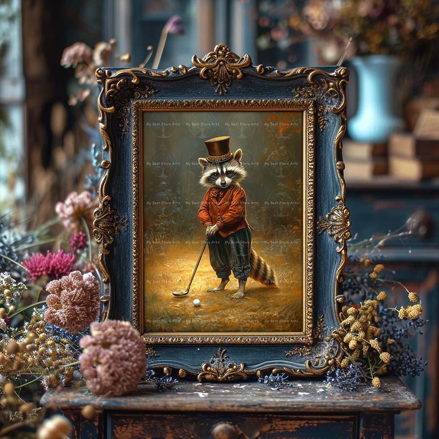 Raccoon Playing Golf Art Print - Sports-themed Fantasy Picture