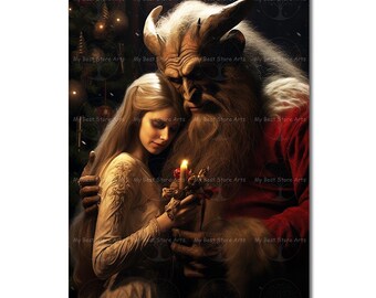 Krampus and Lady Art Print - Spooky Dark Academia Christmas Poster, Witchy Fantasy Holdiay Wall Art, Folklore Demon Picture