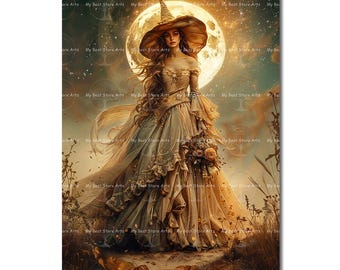 Witch and the Moon Art Print - Witchy Lunar Whimsical, Gothic Picture, Cottagecore Wall Decor, Fantasy Poster, Magical Mystical Luna