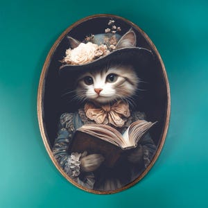 Book Cat Wooden Decor | Vintage-Style Wood Plaque, Moody Victorian Gothic Art | Whimsical Fairytale Animal Wall Decor