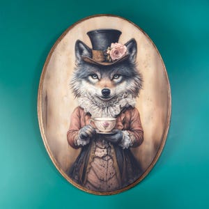 Wolf Teatime Wooden Decor- Cute Fantasy Animal Vintage Style Wood Plaque, Moody Victorian Cottagecore Art, Whimsical Fairytale Wall Art