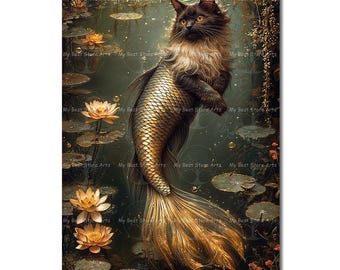 Mermaid Cat Balinese Art Print - Lake Cat Poster, Cute Fantasy Decor, Elegant Animal Picture, Nautical Cottagecore, Weird Art