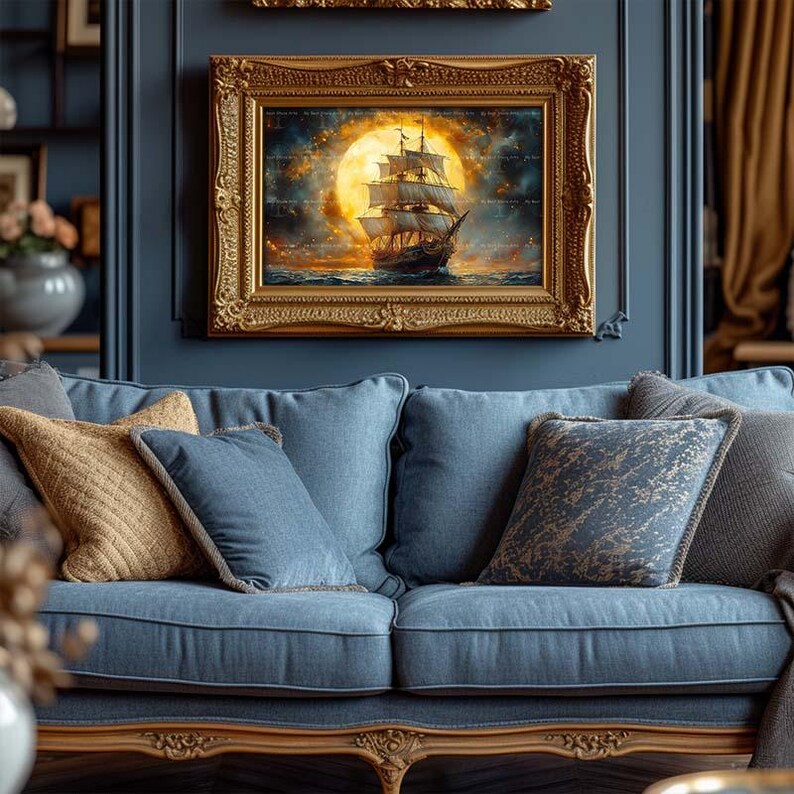 Ship and Moon Art Print Dark Academia Poster, Gothic Pirate Wall Decor