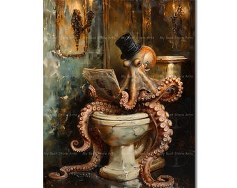 Victorian Gentleman Octopus Art Print - Whimsical Bathroom Fantasy Wall Decor, Animal on Toilet Poster, Funny Gothic Picture