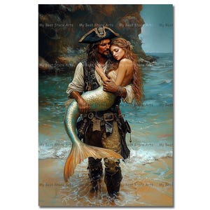 Pirate and Siren Art Print - Fantasy Wall Decor, Mermaid Poster, Nautical Folklore Picture, Romantic Fairytale, Cute Whimsical