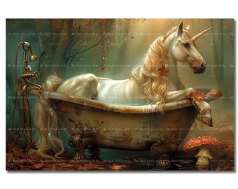 Unicorn Bathtub Art Print - Fantasy Bathroom Decor, Light Academia Whimsical Fairytale Picture, Cottagecore Horse Poster