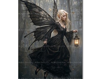 Gothic Fairy Art Print - Fantasy Fairytale Poster, Whimsical Fae Home Decor, Victorian Moody Themed Picture, Mystical Woman Decor