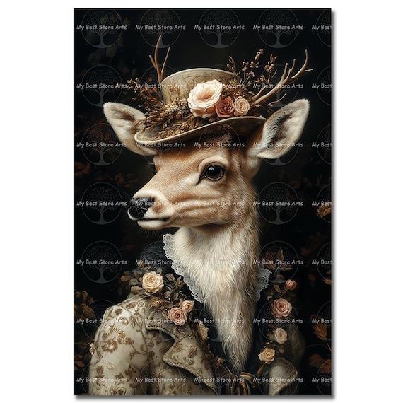 Fancy Deer Art Print - Fantasy Wall Decor, Animal Portrait, Cute Cottagecore Stag Poster, Whimsical Pastel Goth, Moody Wildlife Picture
