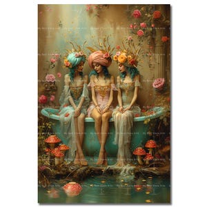 May include: A digital art print featuring three women in a fantasy setting. They are seated in a teal bathtub, adorned with floral headpieces and flowing gowns. The scene is lush with roses, mushrooms, and a serene water reflection.